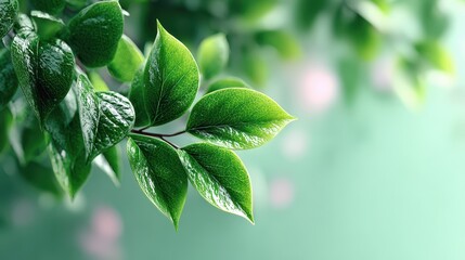 Fresh Green Leaves on Branch with Soft Bokeh Background in Springtime