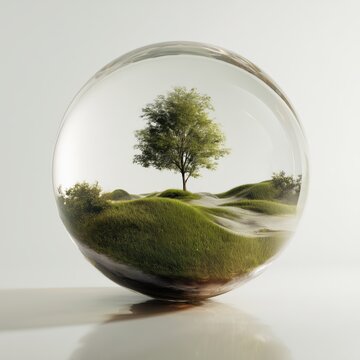 A green tree, a river, and hills inside a transparent glass sphere as a symbol of nature conservation and ecology.