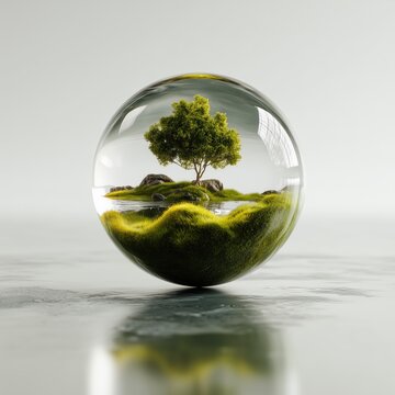 A green tree, a river, and hills inside a transparent glass sphere as a symbol of nature conservation and ecology.