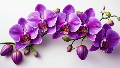 Fototapeta premium branch of purple orchid flowers with buds curved composition isolated on a white backgroundr