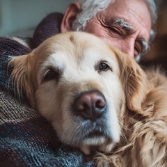 golden retriever cuddling with elderly man in retirement home, loyal emotional support companion
