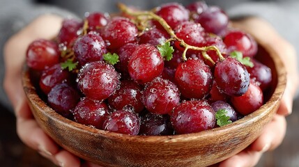 Fresh Red Grapes in Wooden Bowl Held by Hands, Healthy Snack Close Up