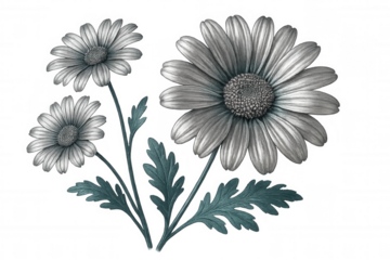 Marguerite daisy flowers hand-drawn in pencil, rendered with transparent background for seamless graphic design integration
