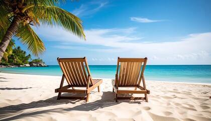 Two wooden beach chairs sit on a pristine white sandy beach, bathed in sunshine, facing a tranquil turquoise ocean, under a vibrant blue sky with palm trees.