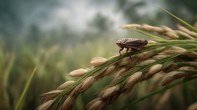 Brown planthopper on a rice stalk in a tropical farmland scene