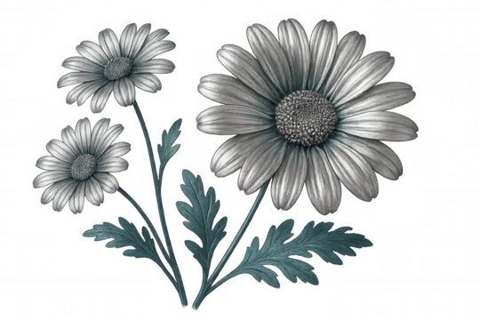 Marguerite daisy flowers hand-drawn in pencil, rendered with transparent background for seamless graphic design integration