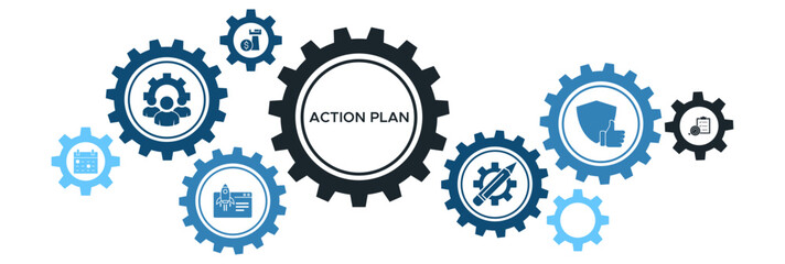 Business Action Plan and Strategy Execution Banner with Icons for Objective Setting, Collaboration, Scheduling, and Implementation
