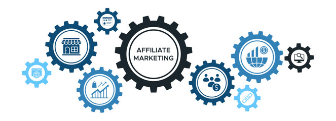 Affiliate Marketing Banner Vector Concept Featuring Icons for SEO, Merchant Sales, Link Tracking, and Customer Acquisition