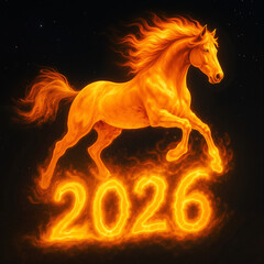 Fiery horse leaping with glowing numbers 2026 on dark background  