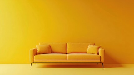 Stylish Yellow Sofa with Throw Pillows Against a Solid Yellow Wall for Minimalist Interior Decor and Home Furniture