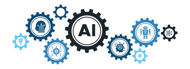 Artificial Intelligence (AI) Problem-Solving Banner Featuring Machine Learning, Robotics, and Neural Networks Icons