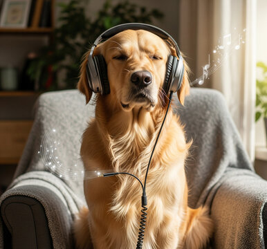 Relaxed Golden Retriever Dog Listening to Music with Blue Headphones