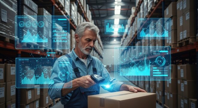 Older Man Warehouse Worker Using Handheld Scanner with Digital Data Overlays in Storage Facility