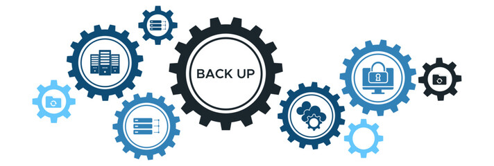 Data Backup and Disaster Recovery System Banner with Icons for Remote Service, Data Restoration, Protection, and Secure Storage
