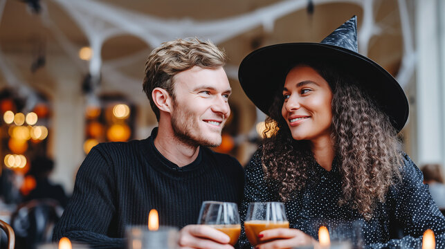 Halloween couple toasting with drinks at cozy cafe during festive party. Young people celebrating seasonal date night in witch hat costume with warm bokeh lights background at restaurant bar.