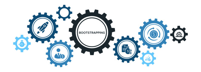Bootstrapping Business Banner Vector Concept Featuring Icons for Startup Growth, Capital, Cashflow, and Personal Finance Strategies