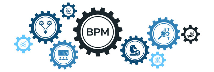 Business Process Management (BPM) Banner Vector Concept Featuring Icons for Design, Strategy, Execution, and Optimization