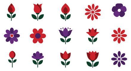 Colorful illustration of various flowers in red and purple hues on white background