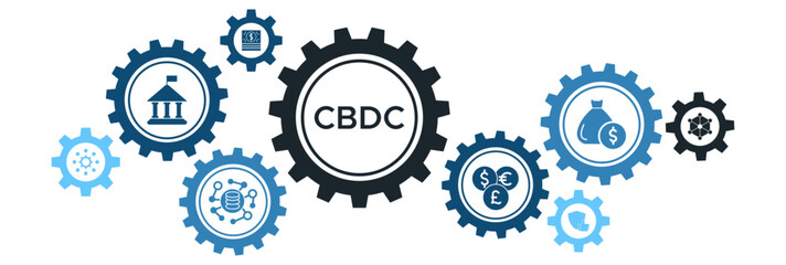 Central Bank Digital Currency (CBDC) Banner with Icons for Blockchain, Financial Trust, Government, and Big Data Integration