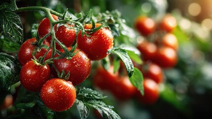 Fresh Red Tomatoes on the Vine with Water Droplets in Garden, Close Up