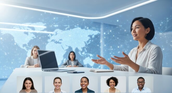 Professional Woman Giving Presentation in Modern Conference Room with Digital World Map Background