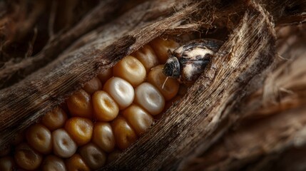 Corn borer insect inside a maize stalk in a detailed agricultural close up