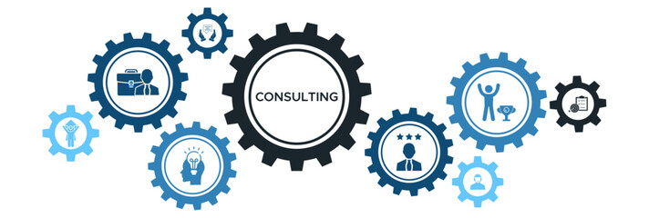 Expert Consulting and Business Strategy Web Icon Banner with Goals, Knowledge, Advice, Experience, and Success Icons