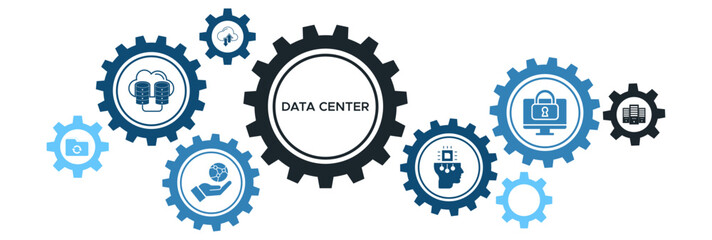 Data Center Management and Cloud Technology Banner with Icons for Database Security, Backup Systems, and Networking Solutions