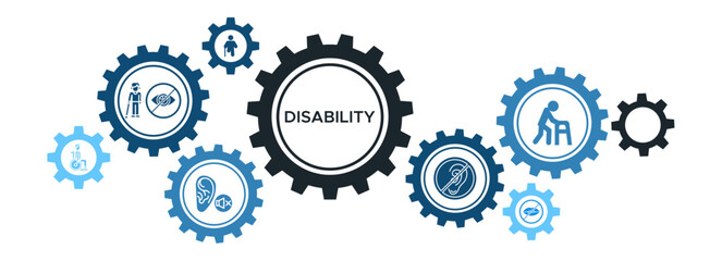 Disability Support Banner Vector Concept Featuring Icons for the Disabled, Blind, Amputees, Deaf-Mute, and Walkers for Assistance