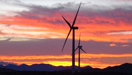 Silhouette wind turbines stand against a dramatic sunset sky, vibrant with hues of orange and pink.