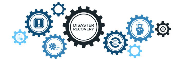Technology Disaster Recovery and Infrastructure Management Banner with Incident, Server, Database, and Data Recovery System Icons