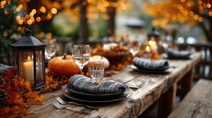 Elegant Thanksgiving Table Setting with Pumpkins, Lanterns, and Autumn Leaves
