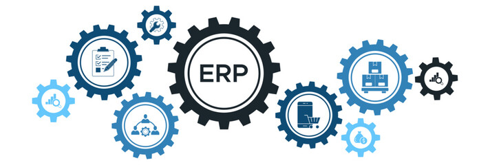 Enterprise Resource Planning (ERP) Banner with Icons for Inventory, Financials, HRM, Production, and MRP System Integration