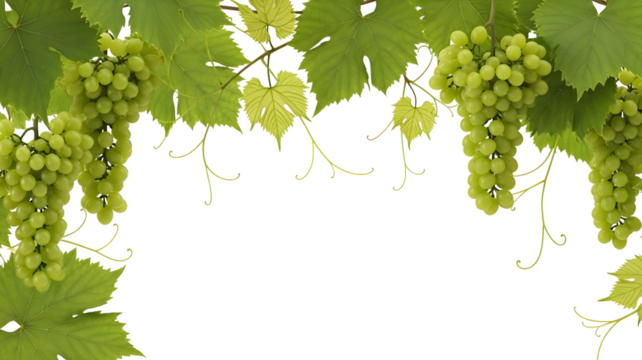 Fresh green grapes with lush vine leaves elegantly framing a clean white background, highlighting nature's bounty and healthy living, ideal for culinary or design projects.