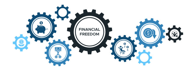 Financial Freedom Banner Vector Concept Featuring Icons for Saving, Investments, Debt Elimination, and Passive Income Planning