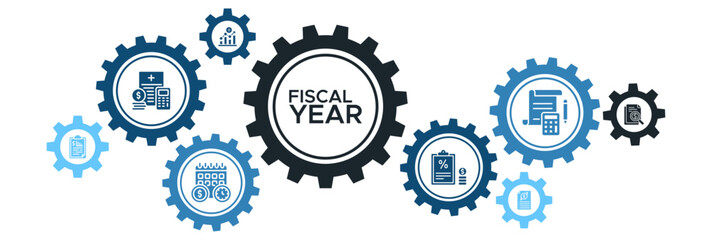 Fiscal Year Financial Planning Banner Vector Concept Featuring Icons for Budgeting, Reporting, Tax, Revenue, and Audits