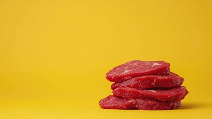 Stack of Four Slices Raw Red Beef Steak with Sprinkled Salt in Bright Yellow Background Studio Shot