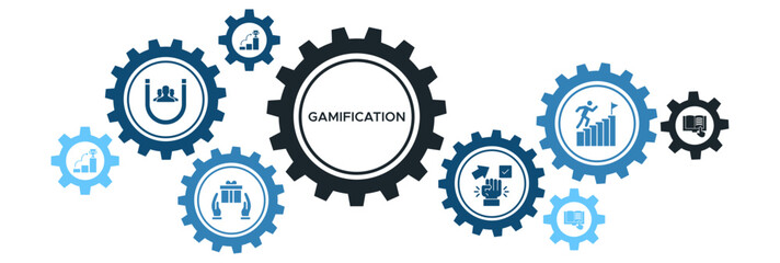 Gamification and User Engagement Strategy Banner Vector Illustration Concept with Motivation, Rewards, Learning, and Achievement Icons
