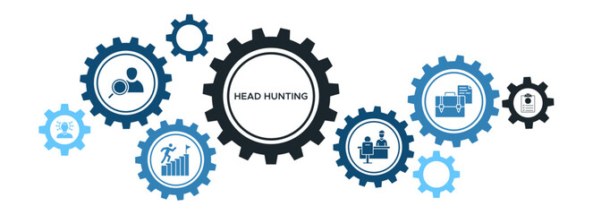 Head Hunting and Recruitment Banner Vector Concept Featuring Icons for Candidates, Resumes, Interviews, and Leadership Roles