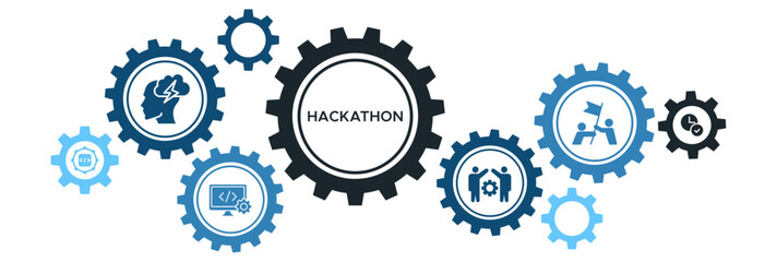 Hackathon Event Banner Vector Concept Featuring Icons for Brainstorming, Programming, Development, Teamwork, and Speed in Social Coding