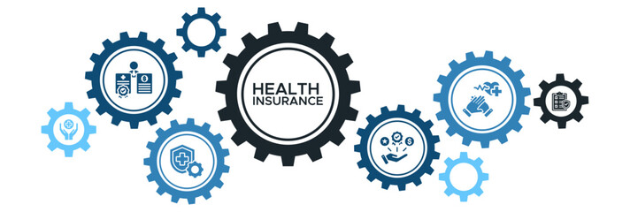Health Insurance Banner Vector Concept Featuring Icons for Insurance Policies, Healthcare Benefits, Prevention, and Financial Aid
