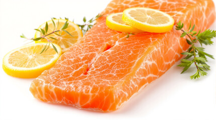Fresh Raw Salmon with Lemon Slices and Herbs on White Background