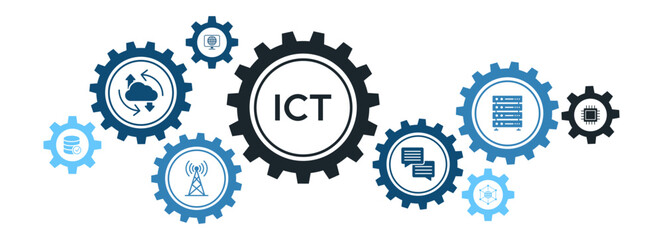 Advanced ICT Technology Banner with Network Systems, Antennas, and Cloud Data Solutions Icons