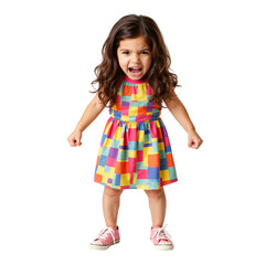  A young angry girl in a bright dress and sneakers