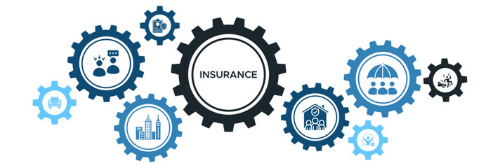 Comprehensive Insurance Banner Vector Concept Featuring Icons for Life, Car, Liability, Household, and Accident Policies