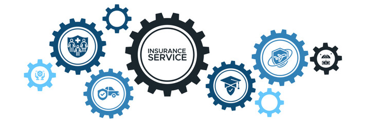 Comprehensive Insurance Services Banner Vector Concept Featuring Icons for Family, Car, Business, Health, and Travel Coverage