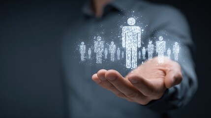 Naklejka premium Hand presenting glowing figures, leadership concept against a dark background