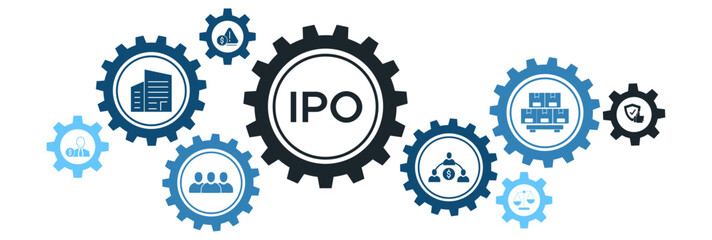 Initial Public Offering (IPO) Banner with Icons for Crowdfunding, Equity, Investor Trust, and Risk Management