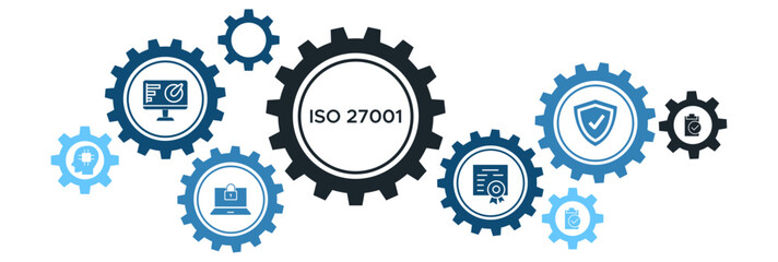 ISO 27001 Information Security Management System (ISMS) Banner with Icons for Technology Standards, Control, Certification, and Verification