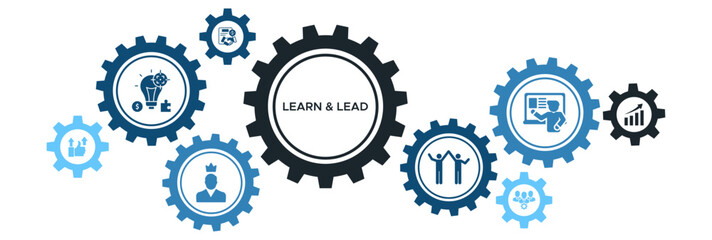 Learn and Lead Banner Vector Concept with Icons for Leadership, Motivation, Business Training, Team Success, and Growth Opportunities